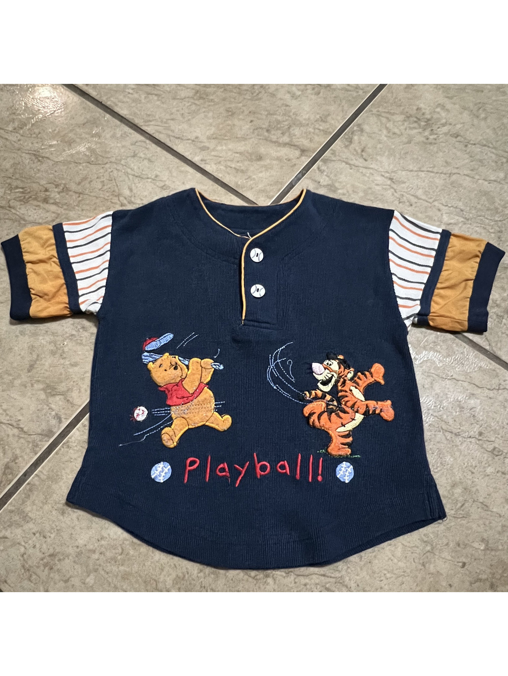 Vtg Winnie the Pooh Embroidered Patched Playball Baseball Henley Button Shirt 3T